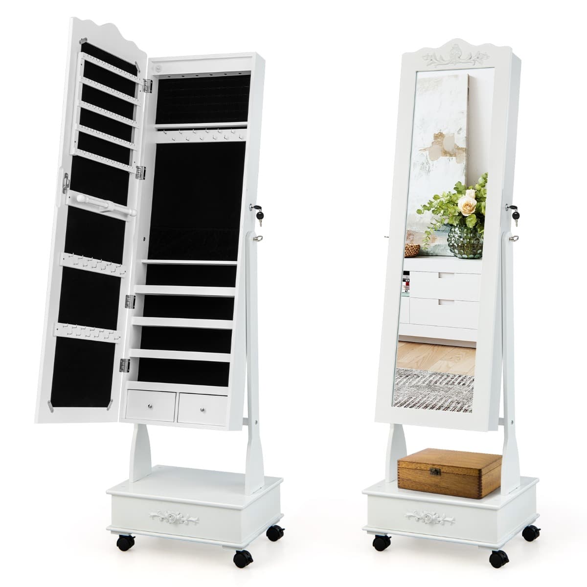 CostwayArmoire à Bijoux avec Miroir Pleine Longueur 4 Roues Verrouillables lumières LED et Tiroirs 3 Angles Réglables Blanc