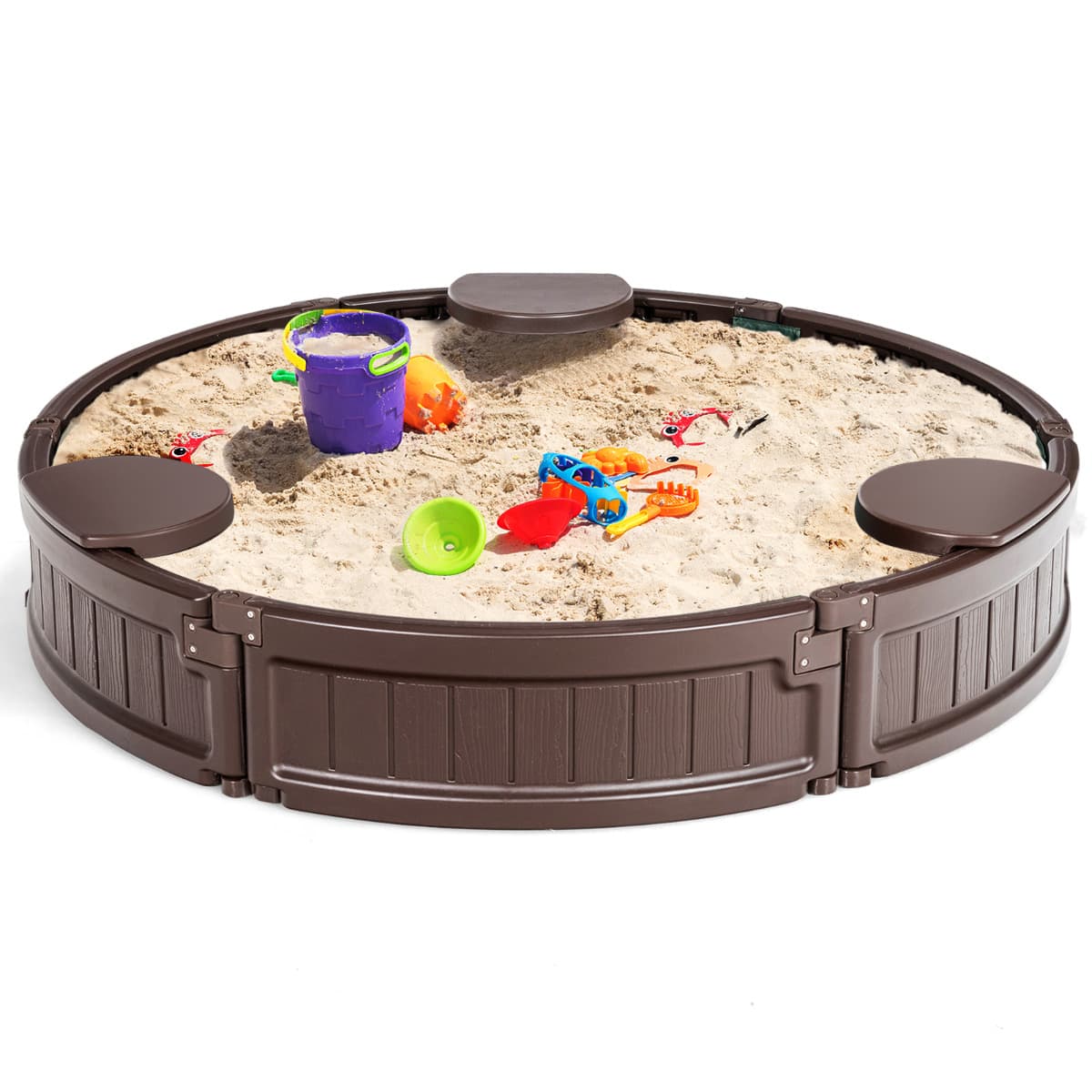 CostwayBac à Sable Enfant Rond 120x120x21 cm en Plastique avec Couvercle Etanche Bâche Intégrée Sièges Doublure Inférieure Marron