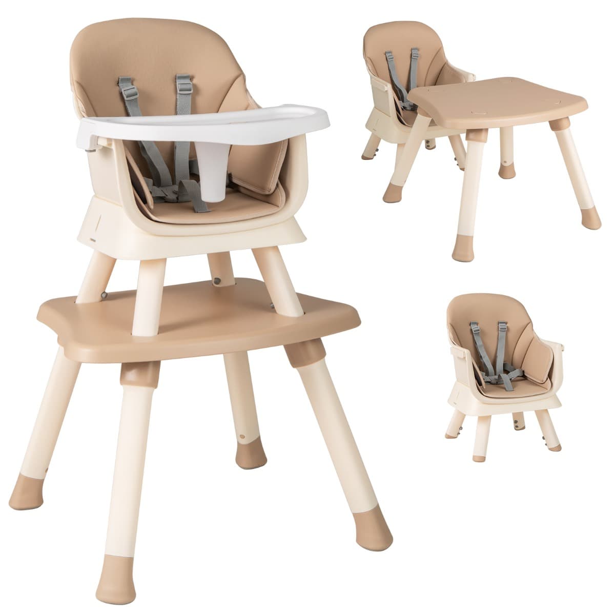CostwayChaise Haute pour Bébé 6 en 1 Chaise d'Alimentation Convertible pour Bébé Tabouret pour Enfants avec Harnais à 5 Points Plateau et Marron