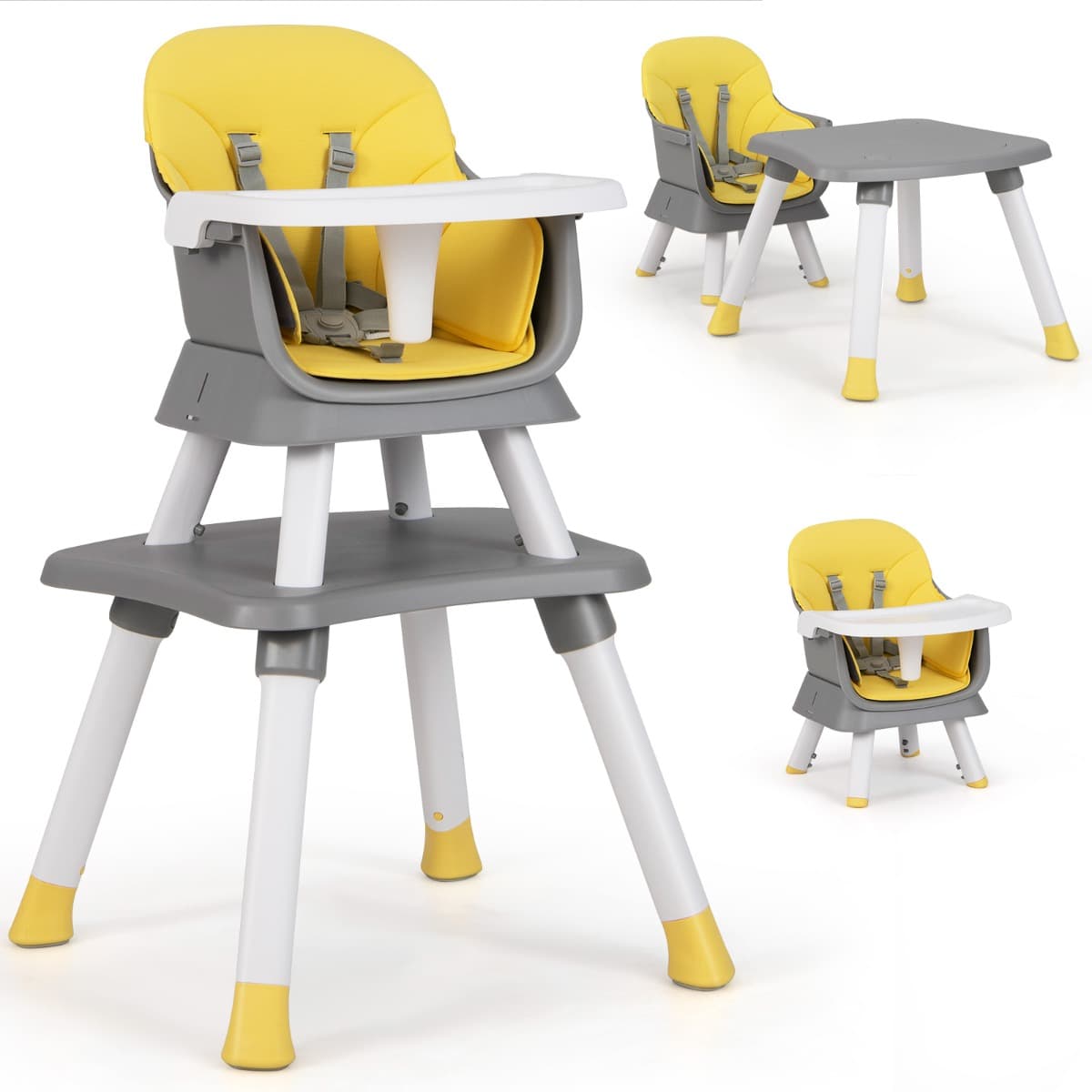 CostwayChaise Haute pour Bébé 6 en 1 Chaise d'Alimentation Convertible pour Bébé Tabouret pour Enfants avec Harnais à 5 Points Plateau et Jaune