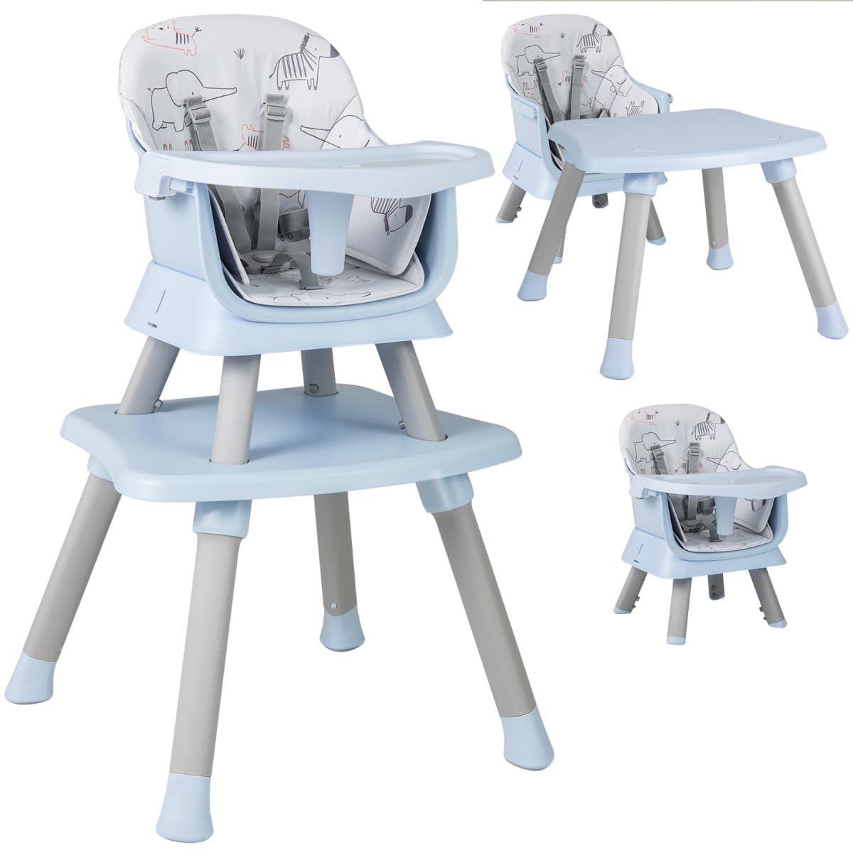 CostwayChaise Haute pour Bébé 6 en 1 Chaise d'Alimentation Convertible pour Bébé Tabouret pour Enfants avec Harnais à 5 Points Plateau et Bleu