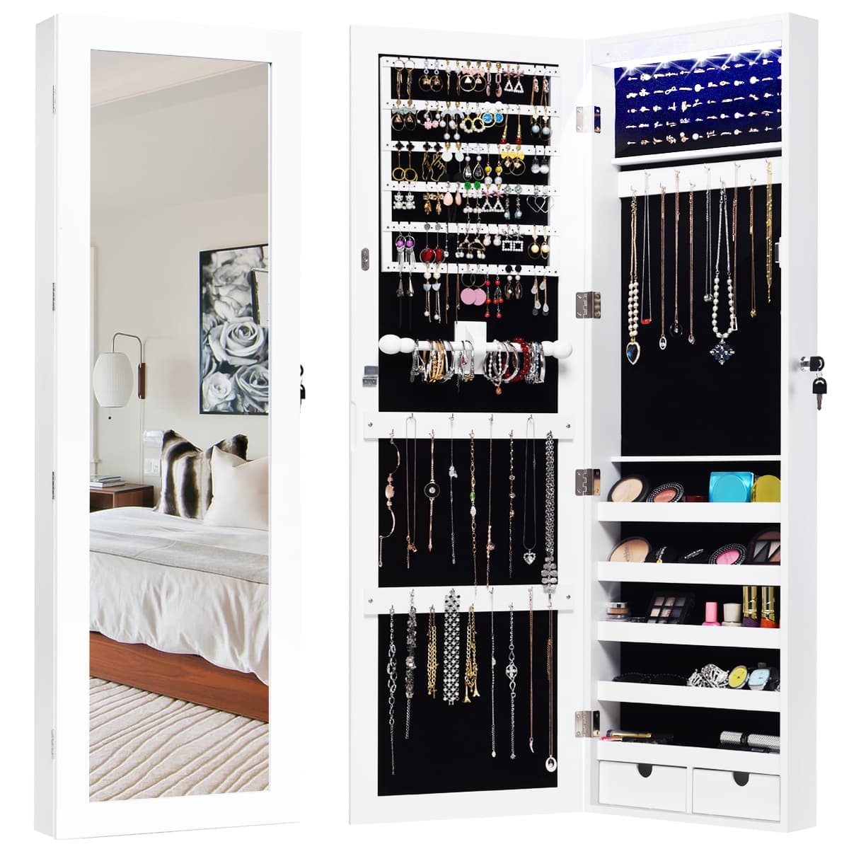 CostwayArmoire à Bijoux Mural avec LED Intégré avec 2 Serrure 2 Tiroirs 1 Tringle Blanc 37 x 9,6 x 120 CM