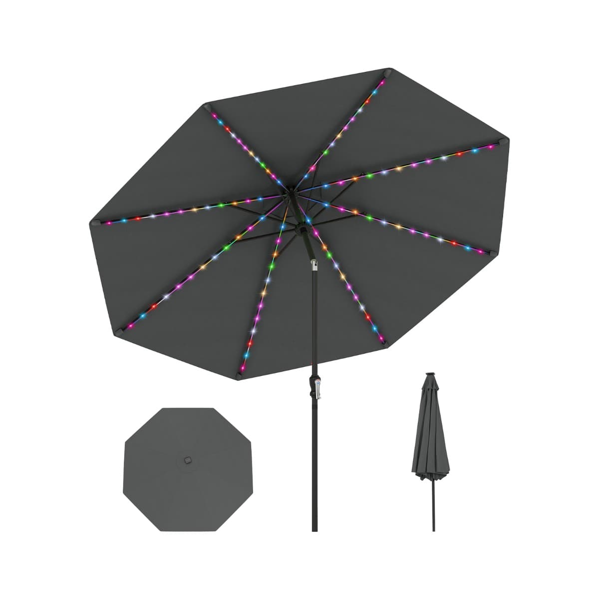 CostwayParasol de Patio Solaire de 3 m avec 96 Lumières LED à 9 Modes Inclinaison Réglable Manivelle Facile 8 Baleines Toit Aéré Gris