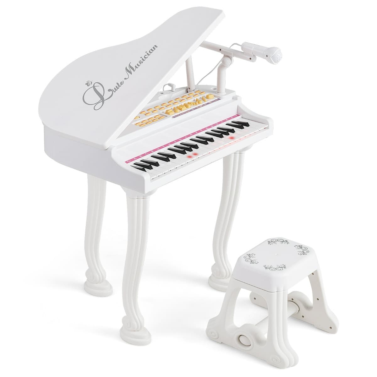 CostwayPiano Jouet pour Enfants à 37 Touches Tabouret Portable Microphone Couvercle de Piano Mode D'enseignement Led Enregistrement Lecture Blanc