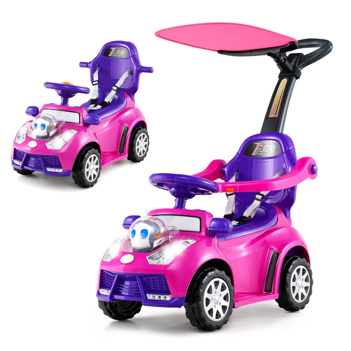 CostwayVoiture Poussée 3 en 1 pour Tout-Petits Voiture à Pousser Glisser et Marcher avec Klaxon Musique Lumières et Ceinture de Sécurité Rose