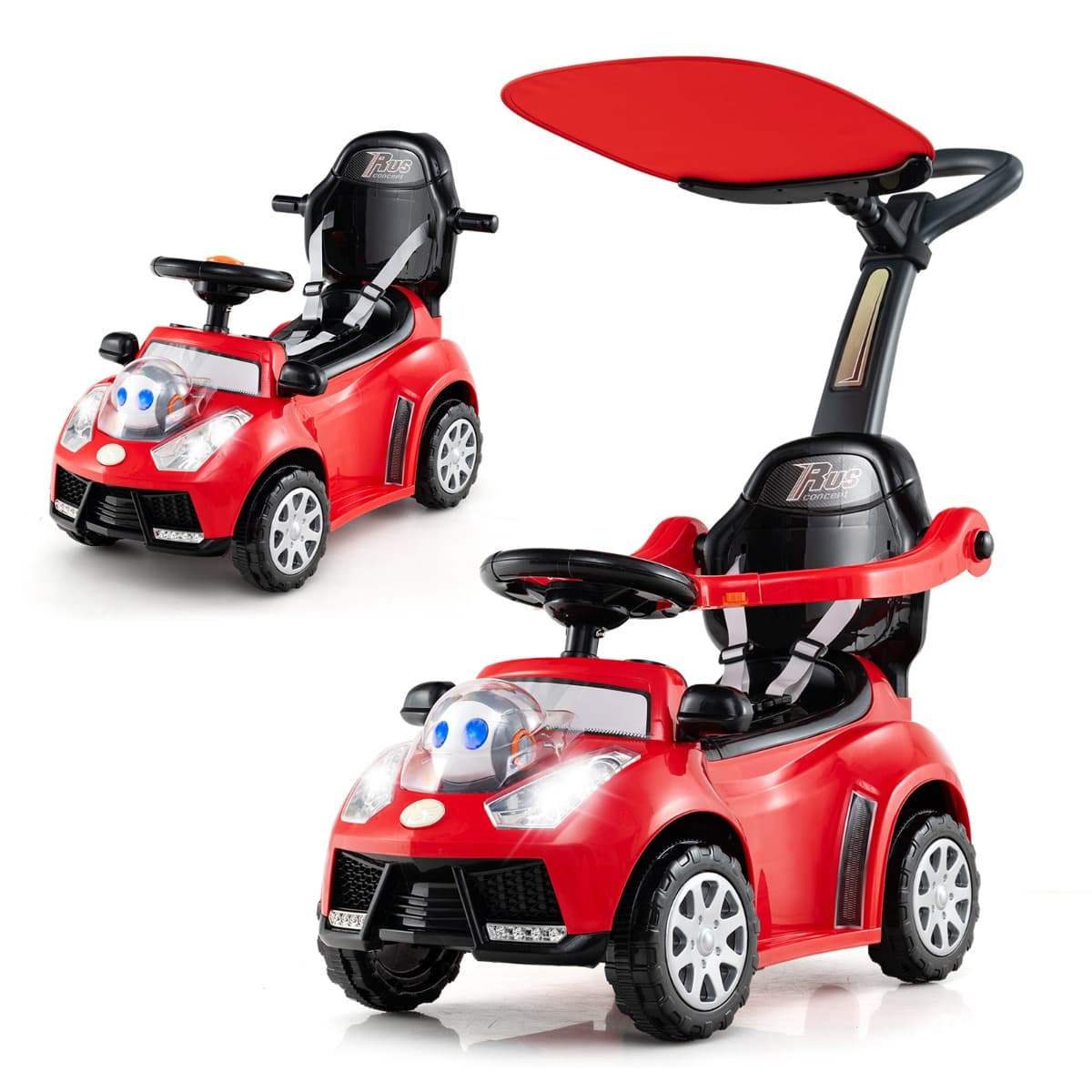 CostwayVoiture Poussée 3 en 1 pour Tout-Petits Voiture à Pousser Glisser et Marcher avec Klaxon Musique Lumières et Ceinture de Sécurité Rouge