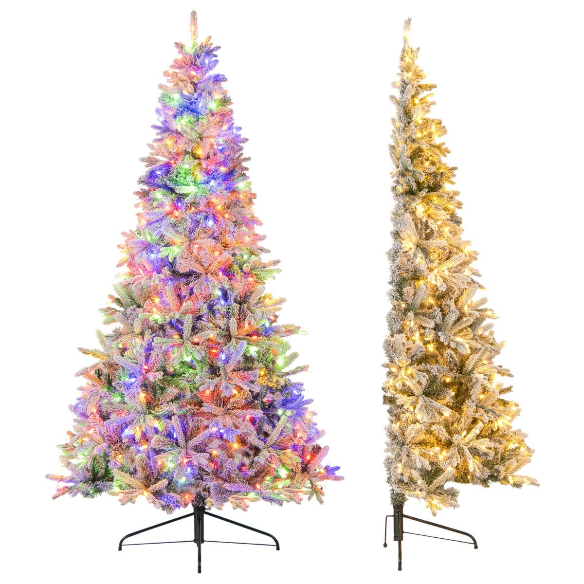 Costway210 CM Sapin de Noël Artificiel Demi-Forme Pré-Éclairé Floqué de Neige avec 852 Pointes de Branches en PE&PVC 240 Lumières LED Blanc