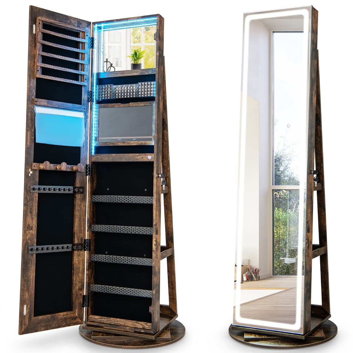 Armoire à Bijoux avec Miroir sur Pieds Pivotant 360° Grand Miroir Psyché Sans Cadre avec LED Verroui