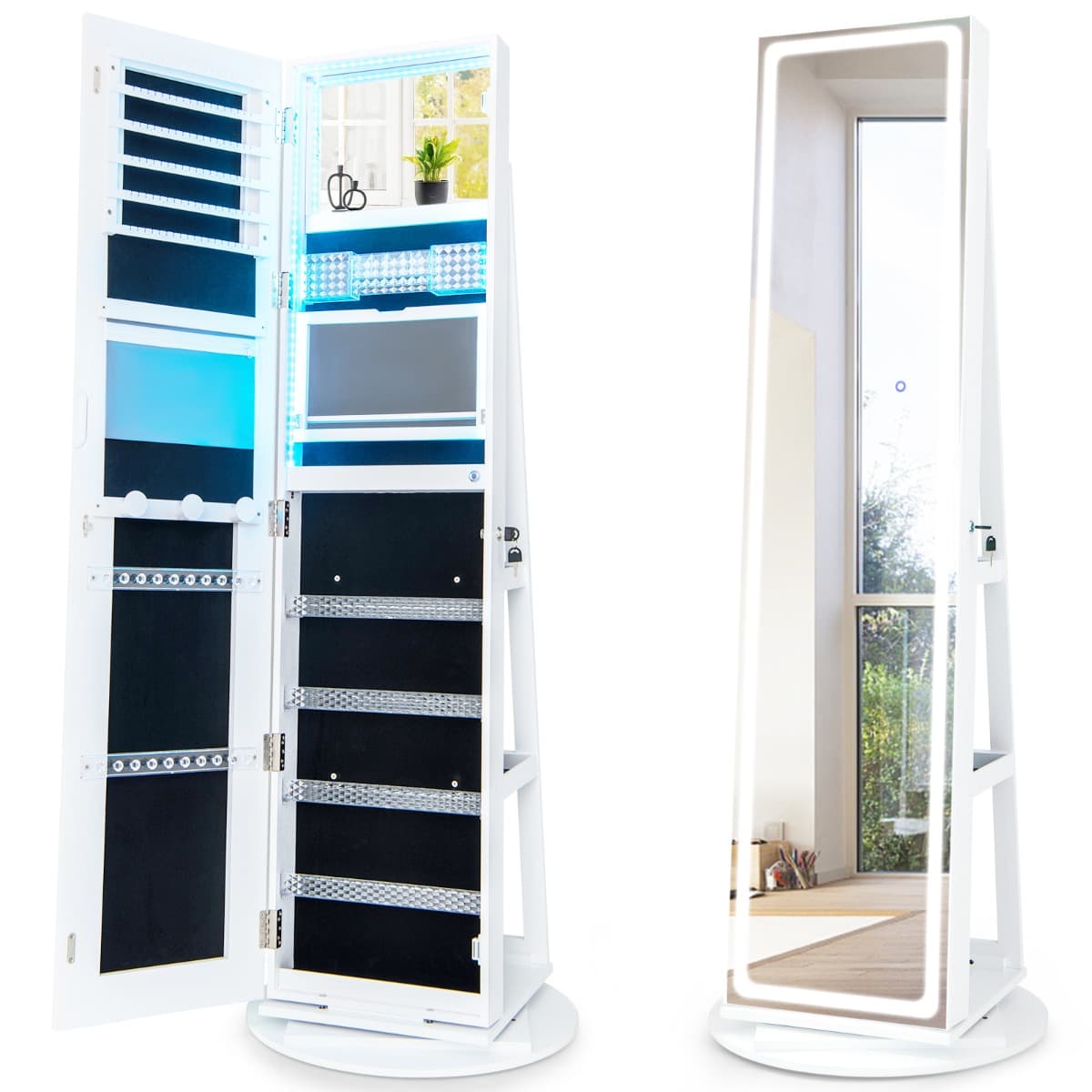 Armoire à Bijoux avec Miroir sur Pieds Pivotant 360° Grand Miroir Psyché Sans Cadre avec LED Verroui