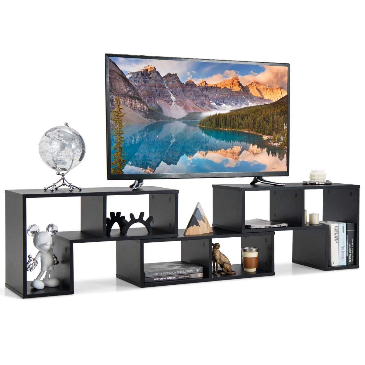 CostwayMeuble TV 3 Pièces 134-180x30x43cm Combination Libre pour Télévision Jusqu’à 49 Pouces pour Salon Chambre Bureau en MDF Noir