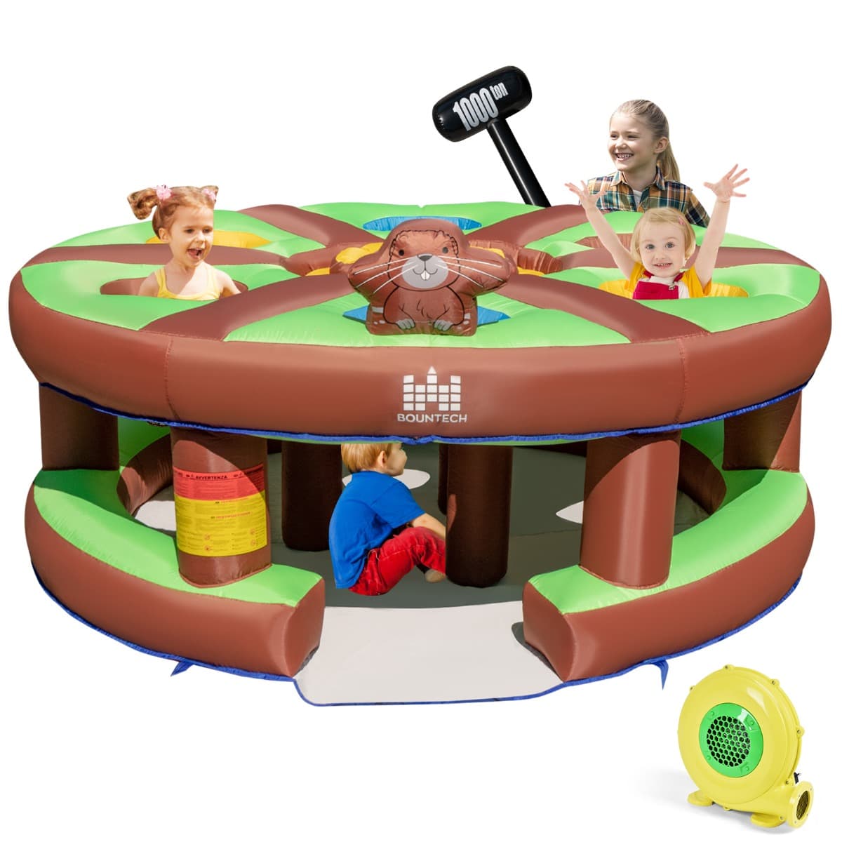 CostwayJeux Gonflable de Tape-Taupe avec Gonfleur 480W Jouet Marteau 7 Trous de Taupe Accessible à Enfant 3 ans+ 260x260x124cm